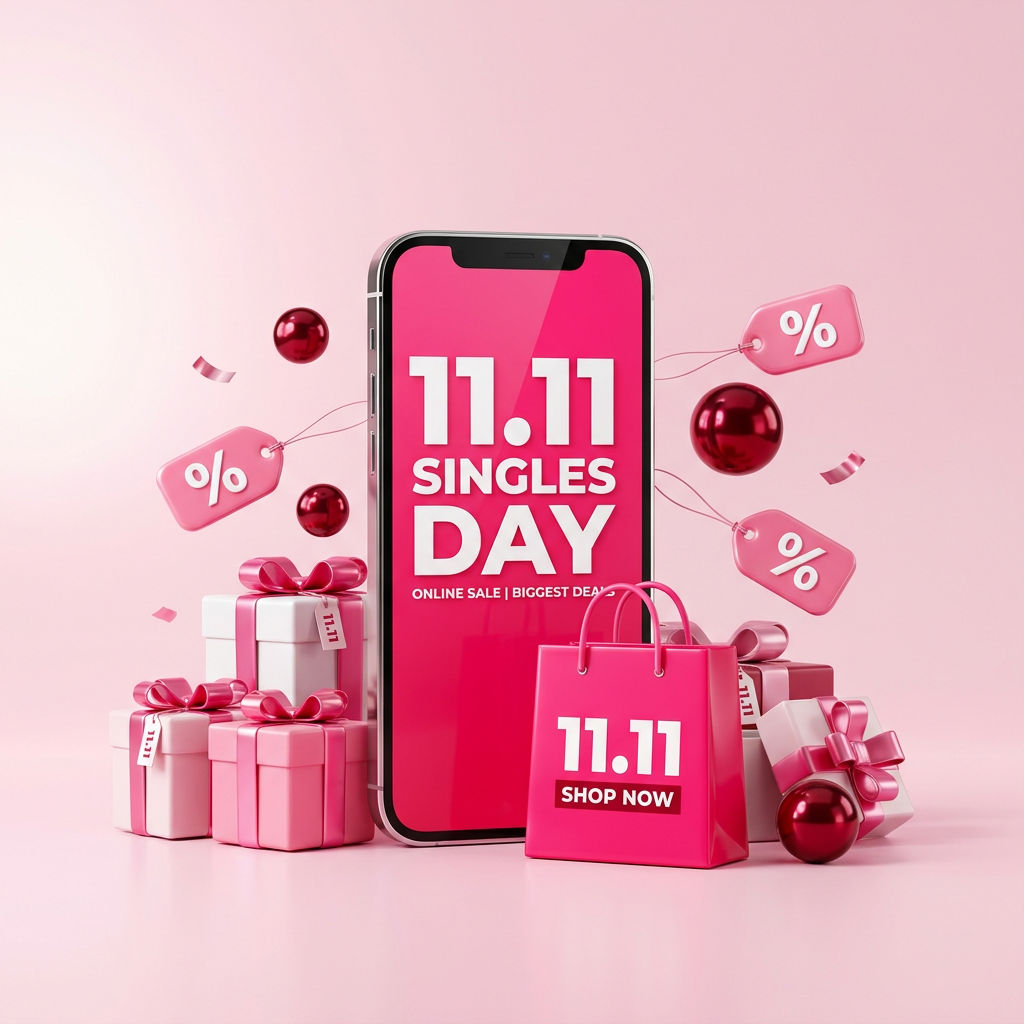 Snjallsími með 11.11 á skjánum, bleikir innkaupapokar og gjafir